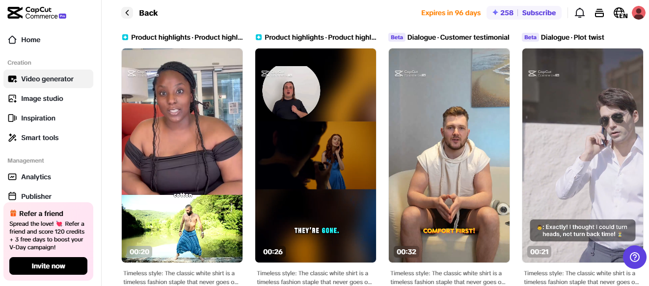 Pippit video generator showing product highlights and testimonials, a great tool for high-paying side gigs.
